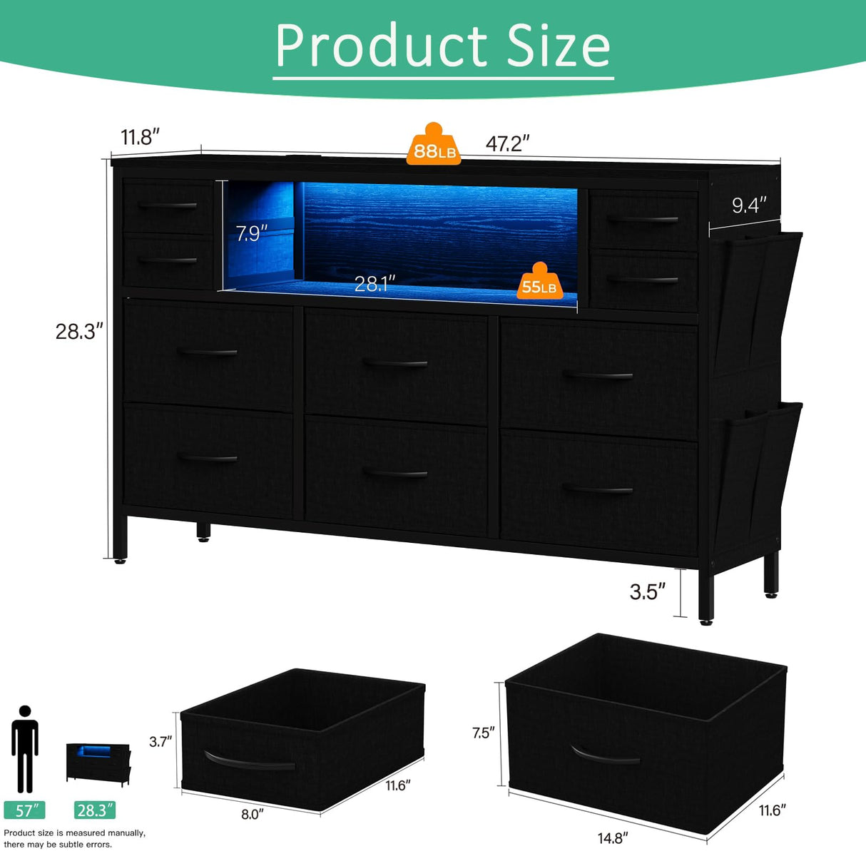 CollaredEagle 10-Drawer Dresser with Charging Station, Storage Drawers with LED, TV Stand for up to 55inch TV, Fabric Chest of Drawers for Closet, Living Room,Entryway, Bedroom, Black CollaredEagle