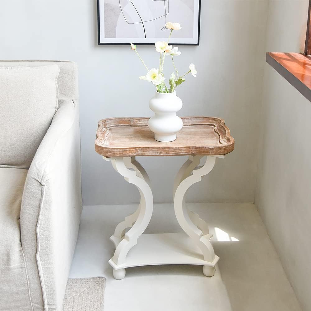 Kinfant Set of 2 Farmhouse Accent End Table with Natural Tray, Solid Wood Frame Rustic Side Table with Shelf, Nightstand for Dinning, Living Room, Bedroom Kinfant