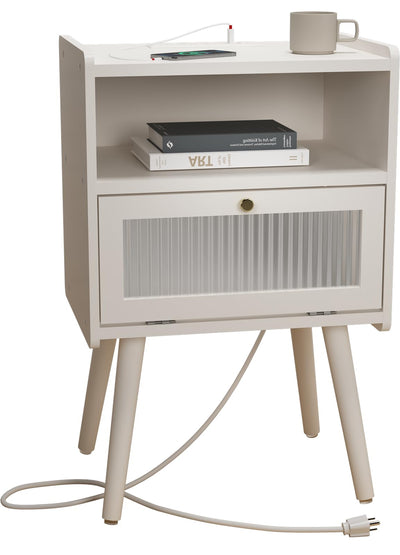Mid Century Modern Nightstand with Charging Station, Bedside Tables with Glass Decorative Door, End Table Side Table with 2 Tiers Storage Space, for Bedroom, Living Room, White