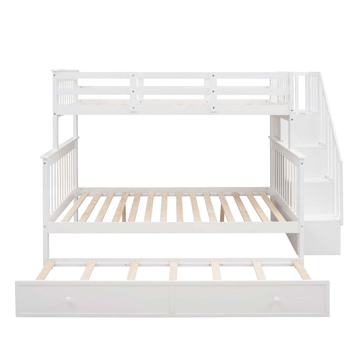 MERITLINE Twin Over Full Bunk Bed with Trundle, Wooden Bunk Bed with Stairway, Storage and Guard Rail for Kids, Adults (White) MERITLINE