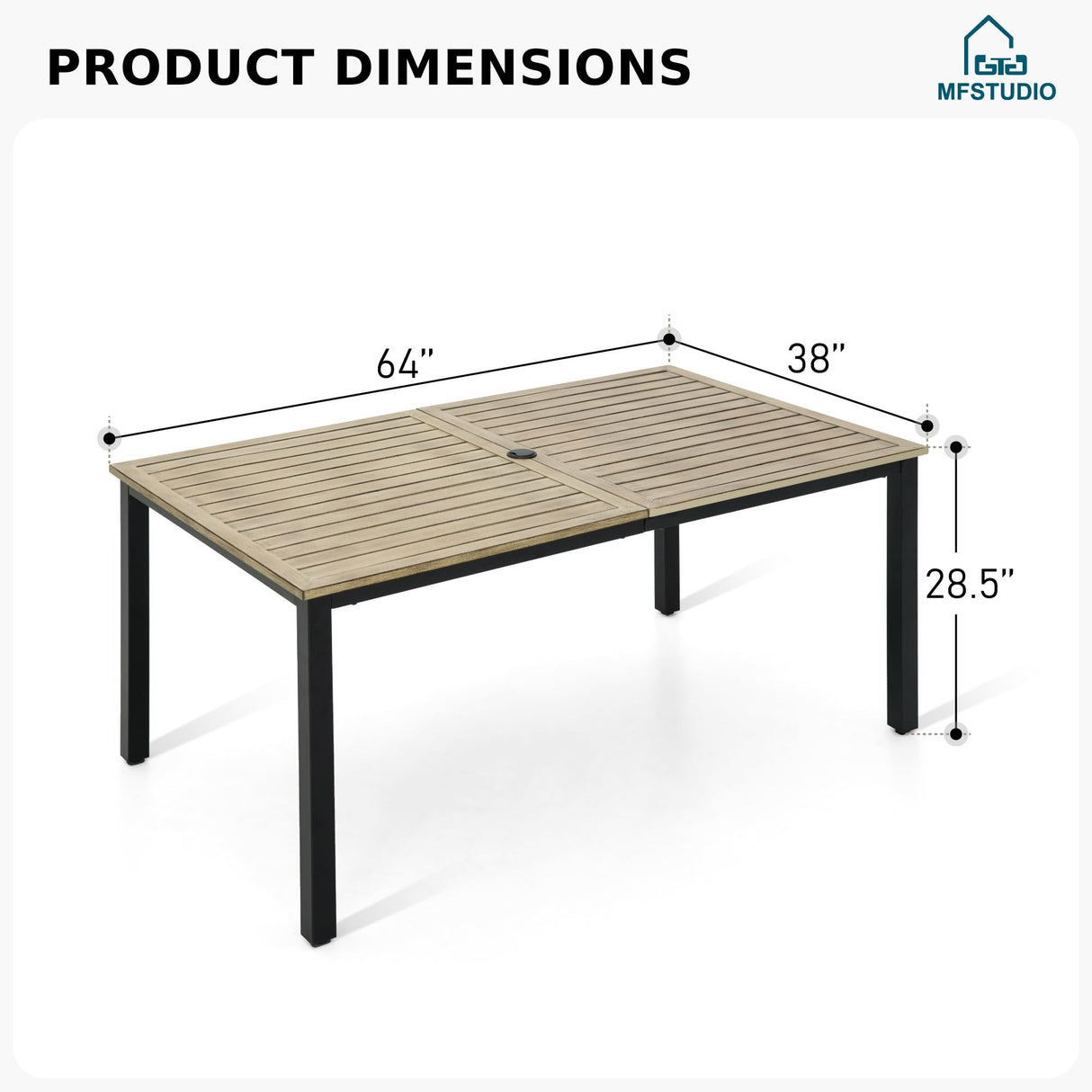 MFSTUDIO 64"x38" Rectangle Outdoor Dining Table, Patio Furniture Wood-Like Tabletop with Adjustable Umbrella Hole for Deck,Backyard,Lawn,Garden MFSTUDIO