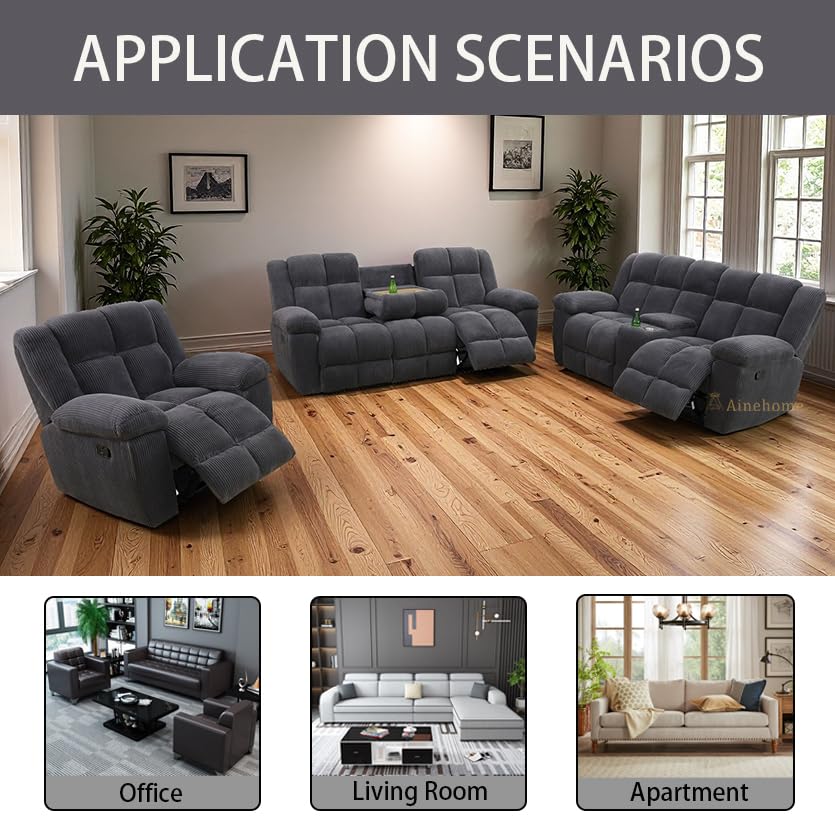 A Ainehome Manual Recliner Sofa Set, Corduroy Recliner Loveseat, Living Room Furniture Set Modern Loveseat Sofa, Reclining Couches for Living Room/Office(3 Piece Set, Dark Grey) A Ainehome