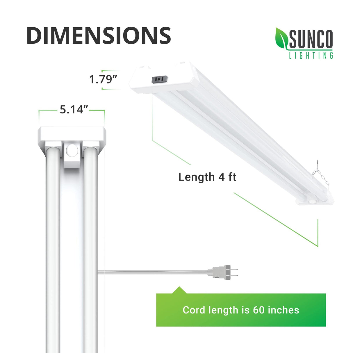 Sunco Motion Sensor 4ft LED Shop Light, Garage Lights Ceiling LED Plug in Fixtures, 40W, 5000K Daylight, Frosted, Motion Activated, Linkable Suspension Mount, ETL 4 Pack Sunco Lighting