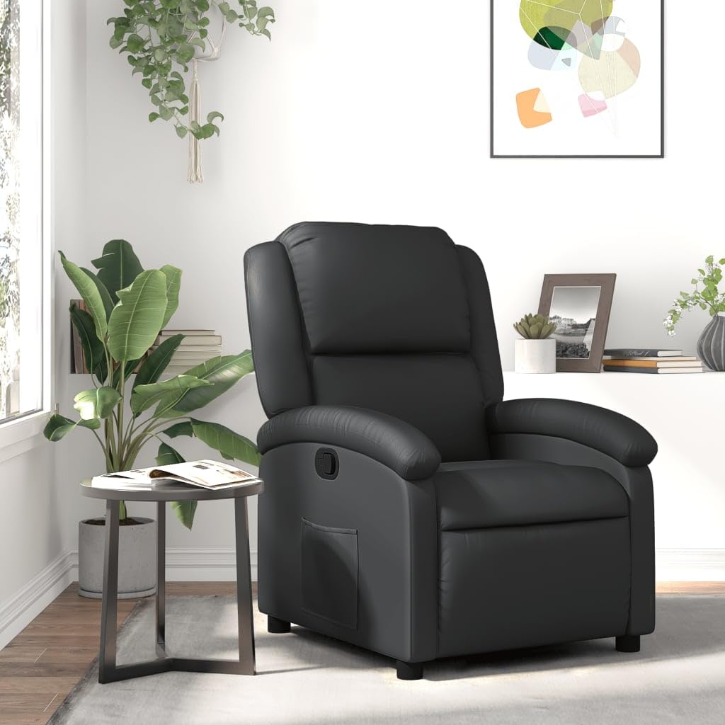 vidaXL Recliner Chair - Black Real Leather, Manual Reclining Function, Comfortable Seating with Solid Wood and Metal Frame, for Office or Living Room vidaXL