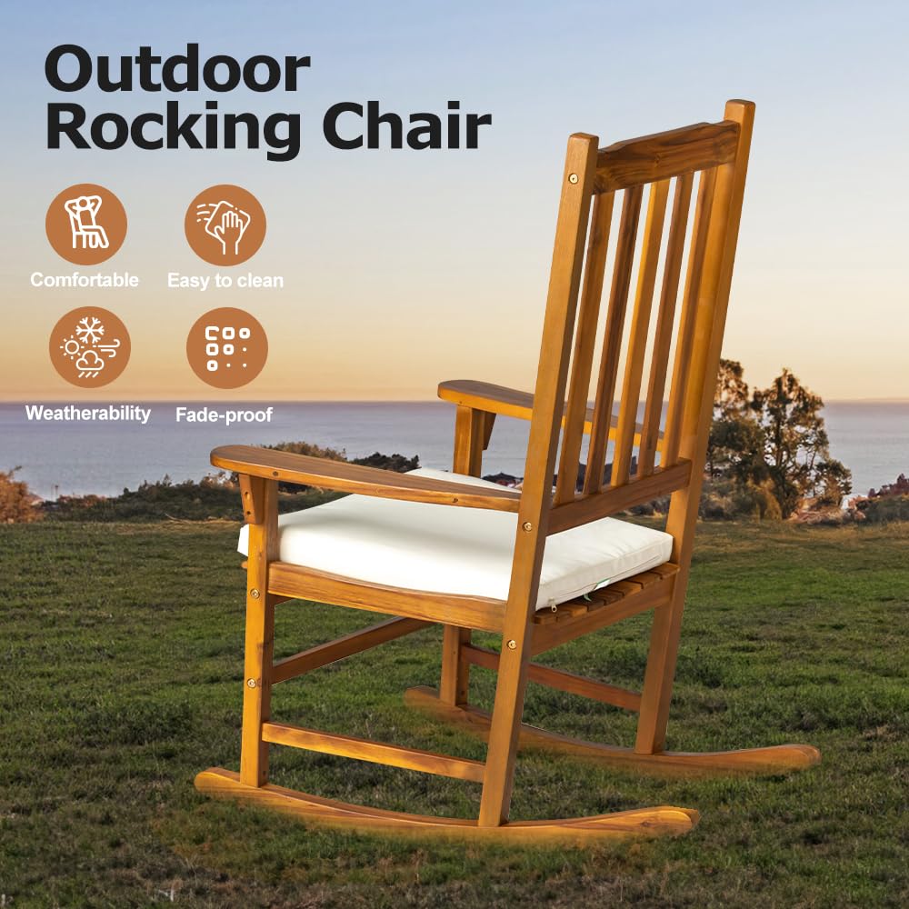 Panana Acacia Wood Rocking Chair Outdoor Porch Rocker with Cushion for Patio, Garden, Balcony, Backyard, Living Room Panana