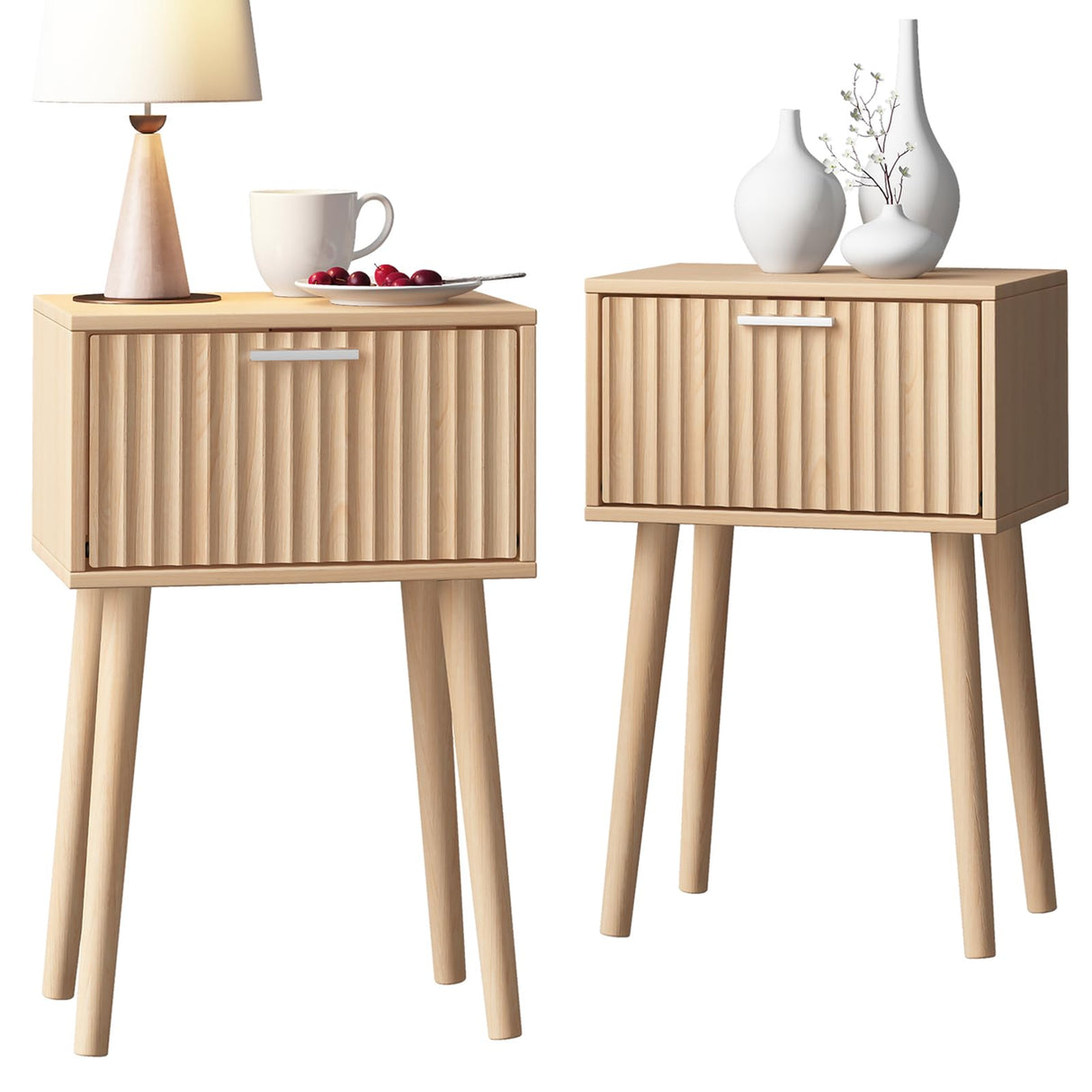 LAATOOREE Nightstands Set of 2, Small Side Table, Bedside Table with Fluted Door, Solid Wood Feet; Modern Mid-Century End Table for Bedroom, Small Space (Natural) LAATOOREE