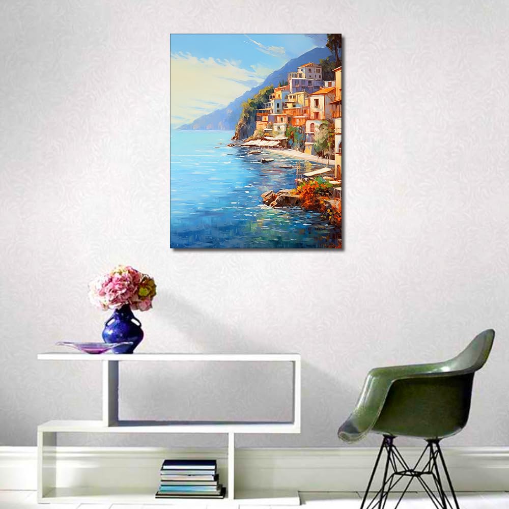TUMOVO Italy DIY Paint by Numbers for Adults Beauty Seaside Paint by Number Mediterranean Cityscape Acrylic Paint by Numbers Kits on Canvas Amalfi Coast Oil Painting for Adults 16"x20"(Frameless) TUMOVO