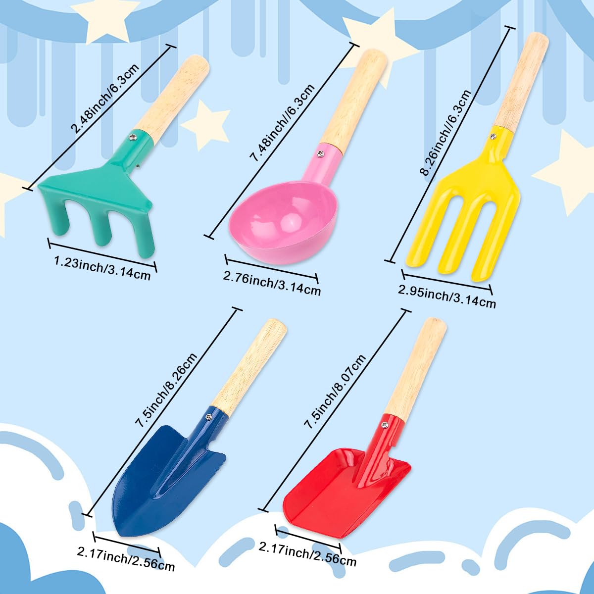 WEILAIDI Beach Toys,5 Pcs Children Beach Sand Toys,8'' Kids Gardening Set Metal Garden Tools with Sturdy Wooden Handle,Safe Kids Shovel with Spoon, Fork, Rake, Flat Shovel & Pointed Shovel for Kids WEILAIDI