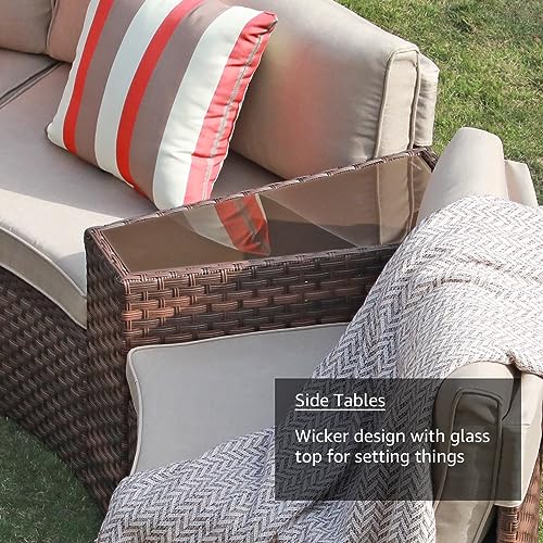 SUNSITT Outdoor Patio Furniture Set 13-Piece Round Sectional Sofa Curved Wicker Sofa with 4 Side Table and Pillows, Brown Rattan & Beige Cushion SUNSITT