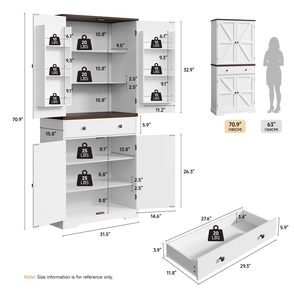 ONBRILL 71" Tall Farmhouse Kitchen Pantry with 6 Door Shelves & Drawer, Wood Pantry Storage Cabinet with 2 Adjustable Shelves & 4 Barn Doors, Freestanding Cupboard for Kitchen, Dining Room, White ONBRILL