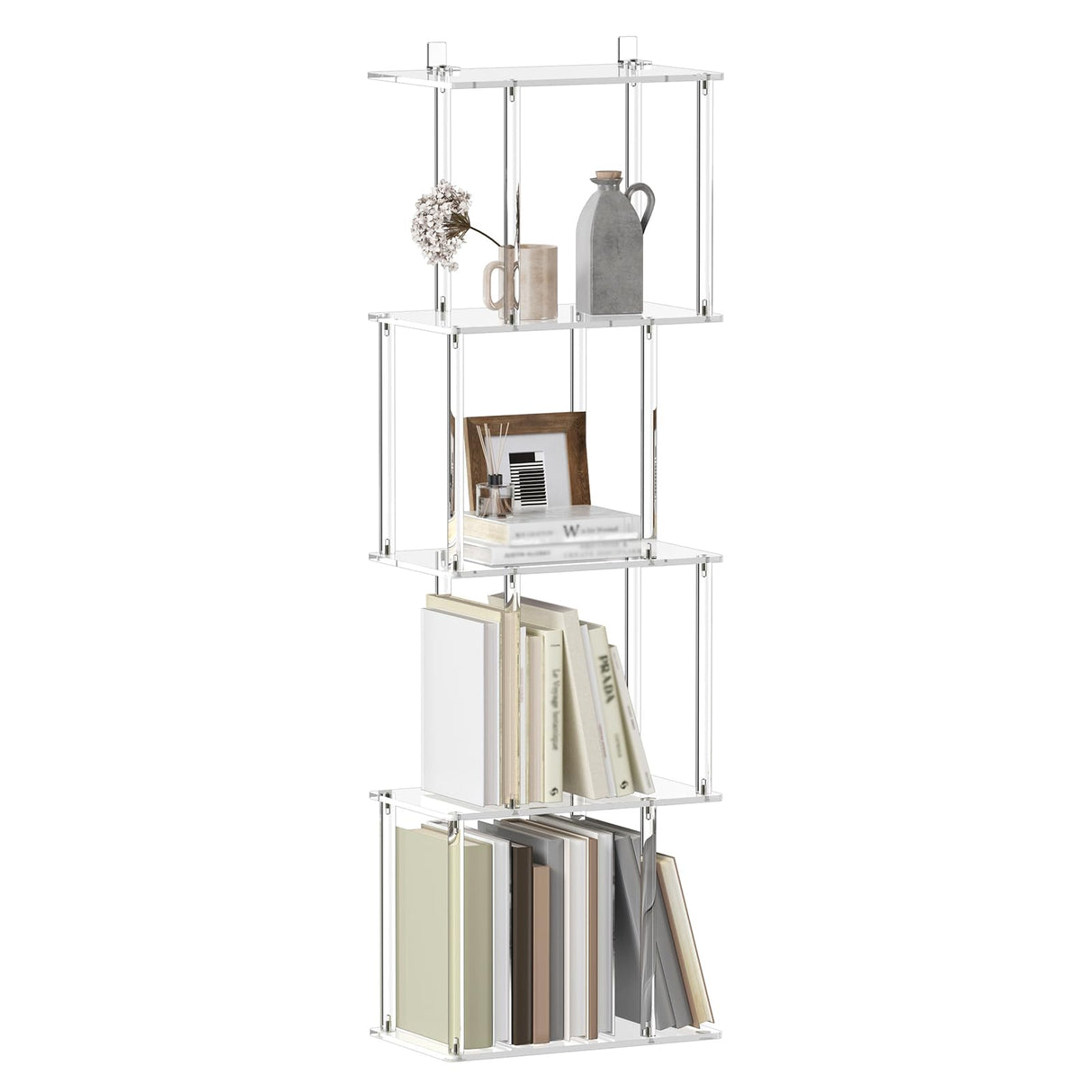 CRTERICX Acrylic Geometric Bookshelf for Small Spaces, 5-Tier Clear S Shaped Bookcase, Modern Open Book Shelf for Living Room, Bedroom, Office, 9.3" D x 15.6" W x 48.8" H, Easy Assembly CRTERICX