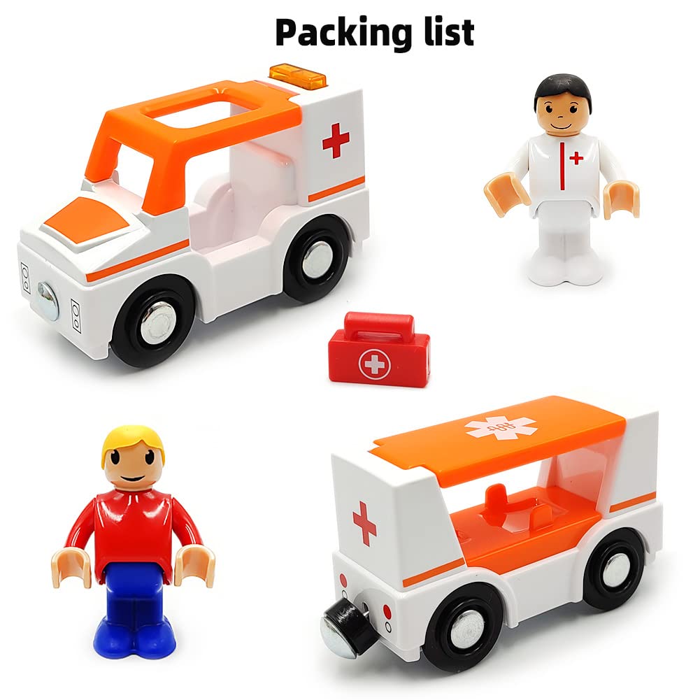 Magnetic Trains Cars Playset Wooden Train Track Accessories Station Wagon Train Set for Toddlers 3-5 Wooden Train Sets for Boys Girls Ages 3-4-7 (Ambulance B (with Light and Sound)) DSHMIXIA