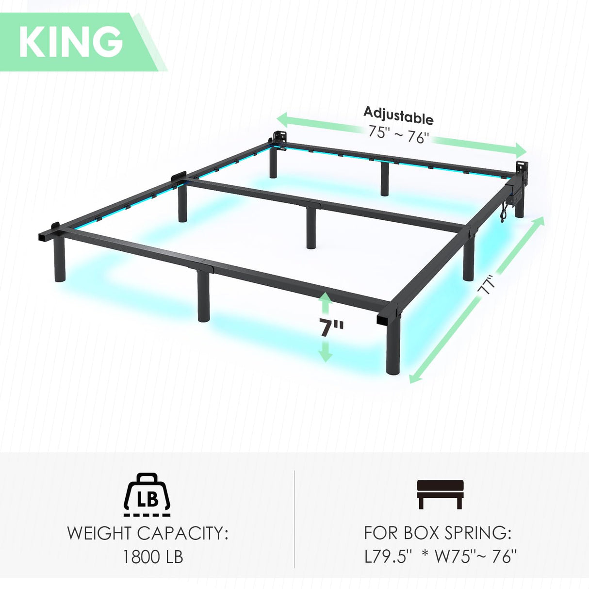 QEROMY King Bed Frame for Box Spring, 7 Inch Metal Bed Frame with LED Lights, 9-Legs Support Bed Base, Tool-Free Easy Assembly QEROMY