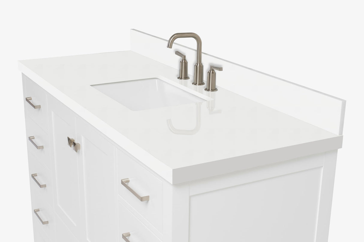ARIEL Cambridge 55" White Bathroom Vanity with Sink, 1.5" Edge Pure White Quartz Countertop & Backsplash, Center Rectangular Sink, 2 Soft Closing Doors, 9 Full Extension Dovetail Drawers ARIEL