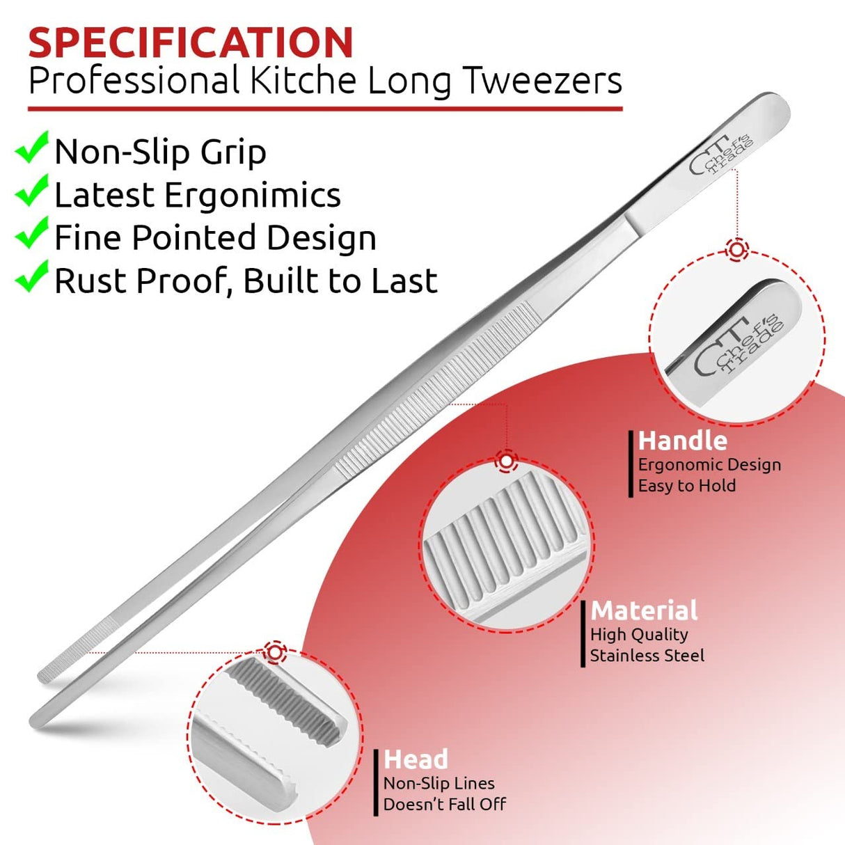 Chef's Trade Professional Kitchen & Cooking Tweezers/Tongs 12" Stainless Steel Multi-Use CHEF'S TRADE