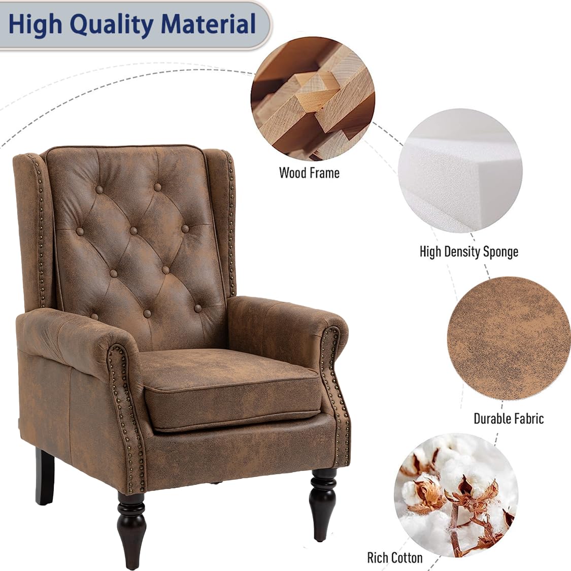 Mid-Century High Wingback Chair, Microfiber Accent Chair Armchair with Buttons,Modern Living Room Chairs with Rivet Decoration,Leisure Single Sofa Chair for Bedroom,Club,Home Reception (Coffee.) Lin-Utrend