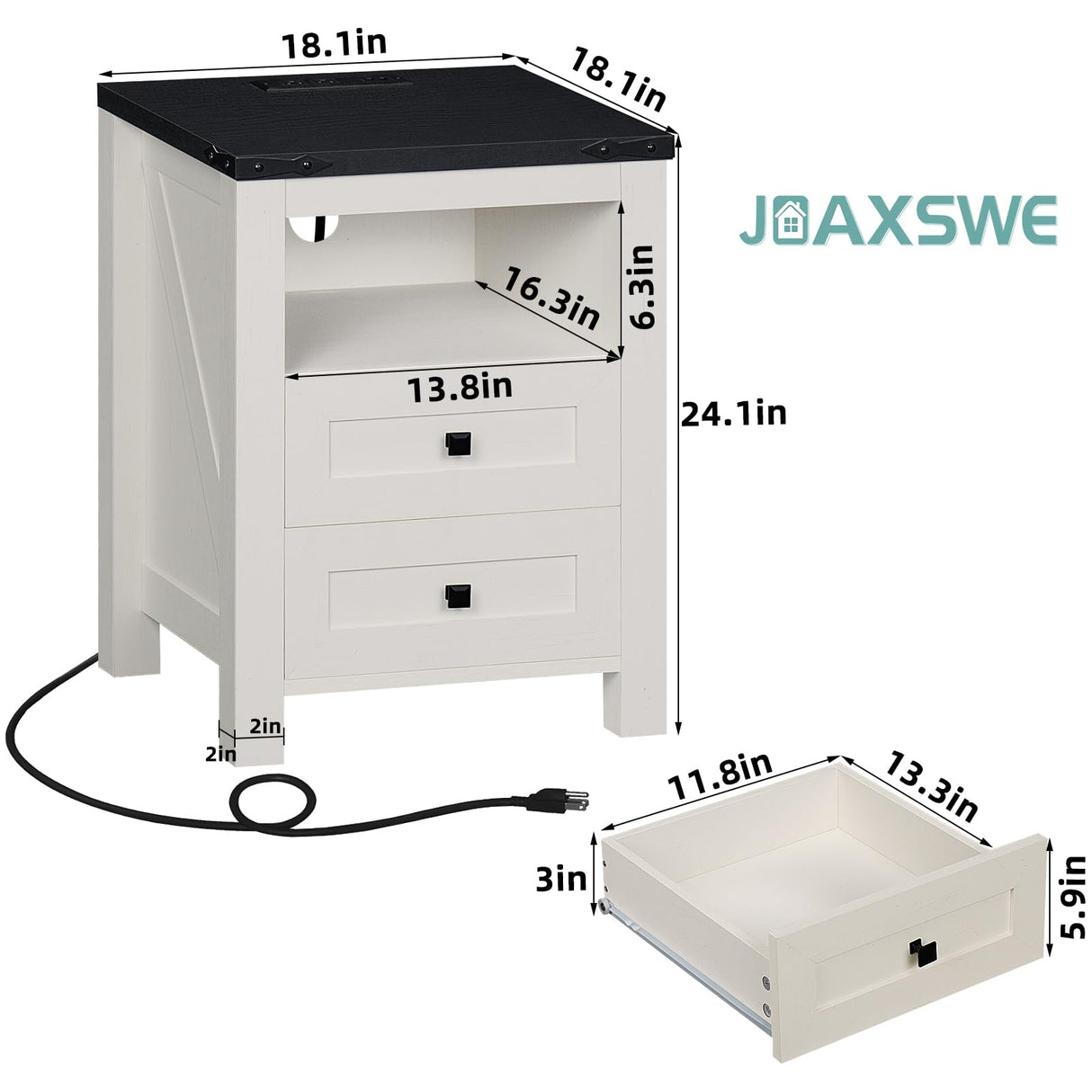 Joaxswe Nightstand with Charging Station and USB Port, Farmhouse Night Stand with 2 Drawers and Shelf Storage, Wooden Side End Table, Bedside Cabinet for Bedroom, Living Room, Closet, Office (White) Joaxswe