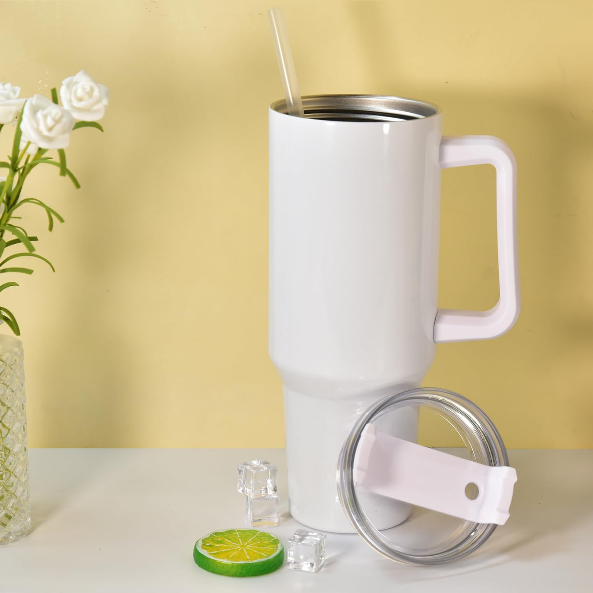 FECBK 40 oz Sublimation Tumbler with Handle and Straw Keeps Cold for 34 Hours 2 Pack Stainless Steel Double Wall Vacuum Insulated Travel Mug Cup Tumblers Bulk Sublimation Blank White FECBK