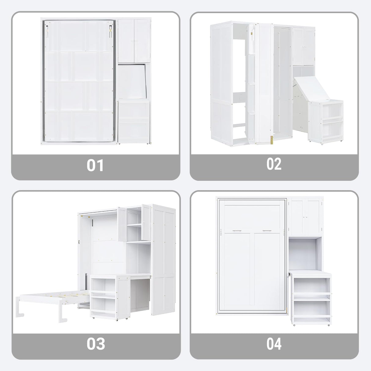 Merax Twin Size Rotating Wall Murphy Beds, Wood Folding Murphy Wall Bed with Bookshelf, Top Cabinet, Extendable Desk & Side Storage, White Merax