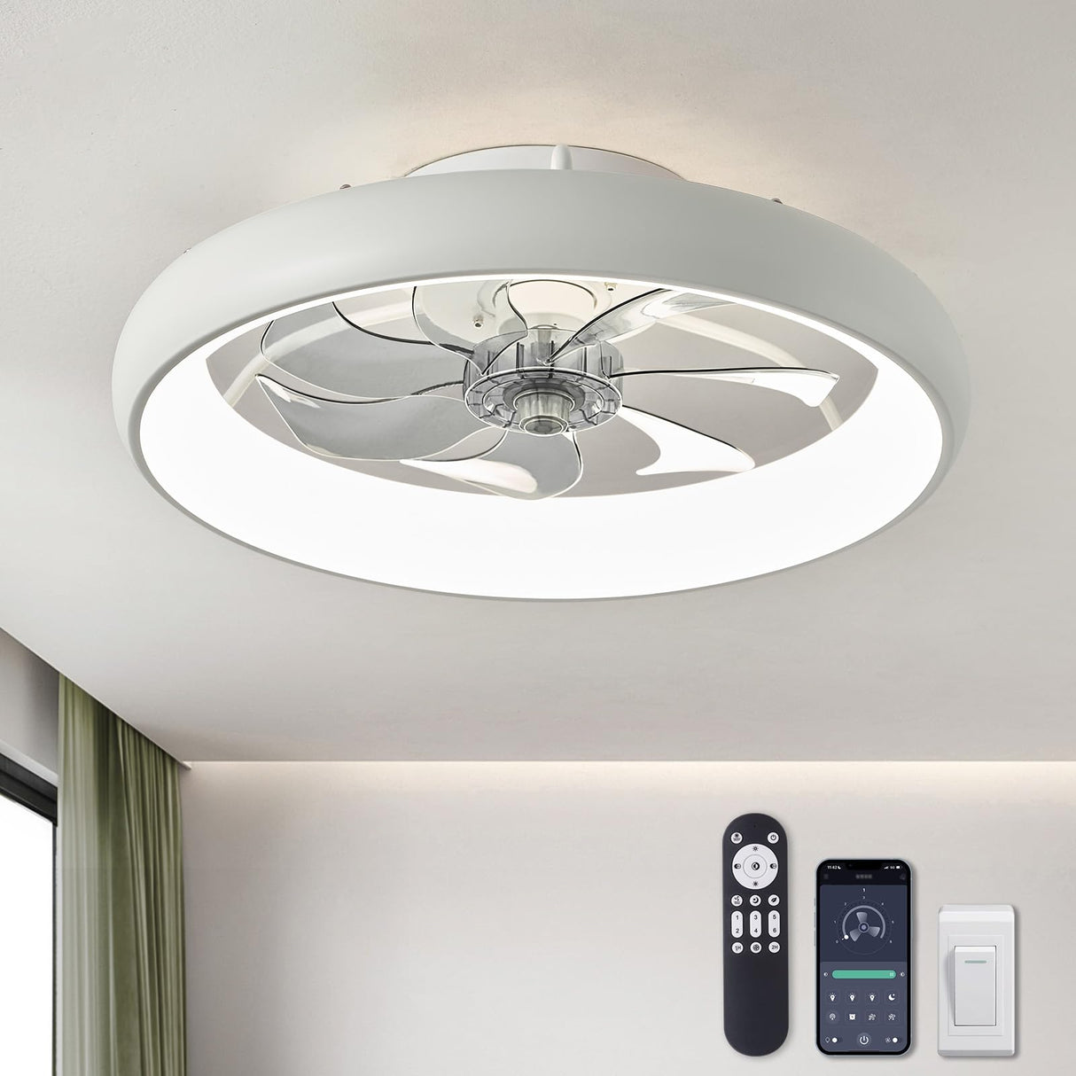 LUDOMIDE Ceiling Fans with Lights and Remote, 20'' Low Profile Flush Mount Ceiling Fan with Lights, 6 Wind Speeds, Modern Dimmable LED Ceiling Fan, Smart Ceiling Fan for Bedroom, Kids Room (White) LUDOMIDE