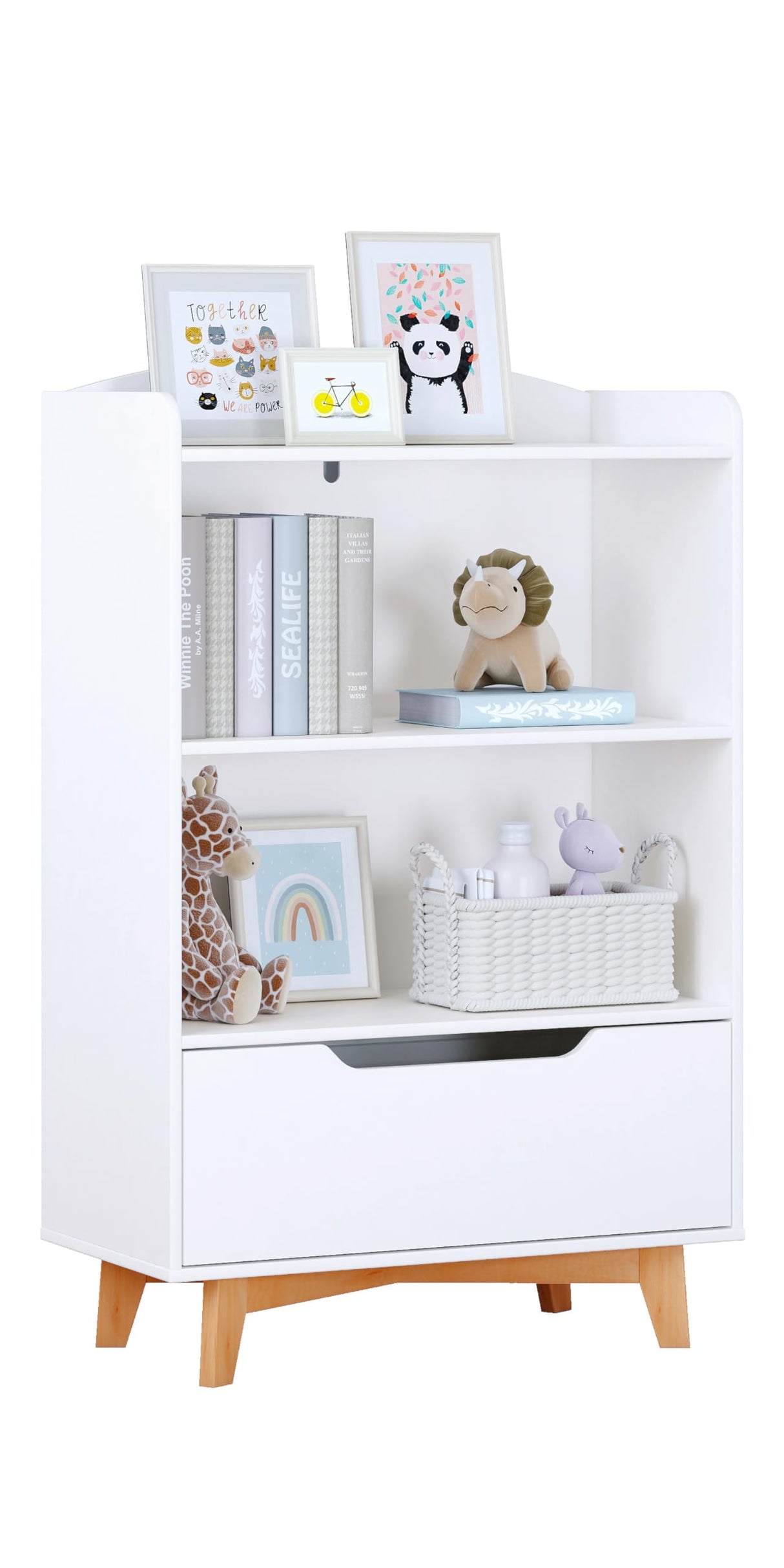 UTEX Kids Bookshelf, Children Bookcases with Storage and Drawer, Wood Kids Toy Storage Organizer for Playroom, Nursery School, White UTEX