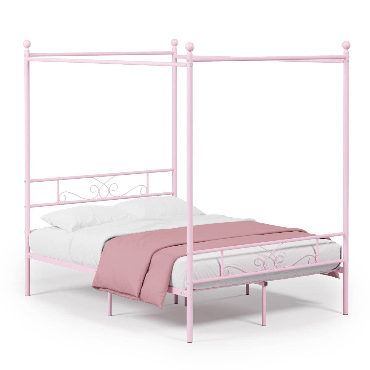 Weehom Full Canopy Bed Frame with Headboard and Footboard, 4 Posters Metal Bed Frame, No Box Spring Needed, Mattress Foundation Platform Bed for Kids and Adults, Pink Weehom
