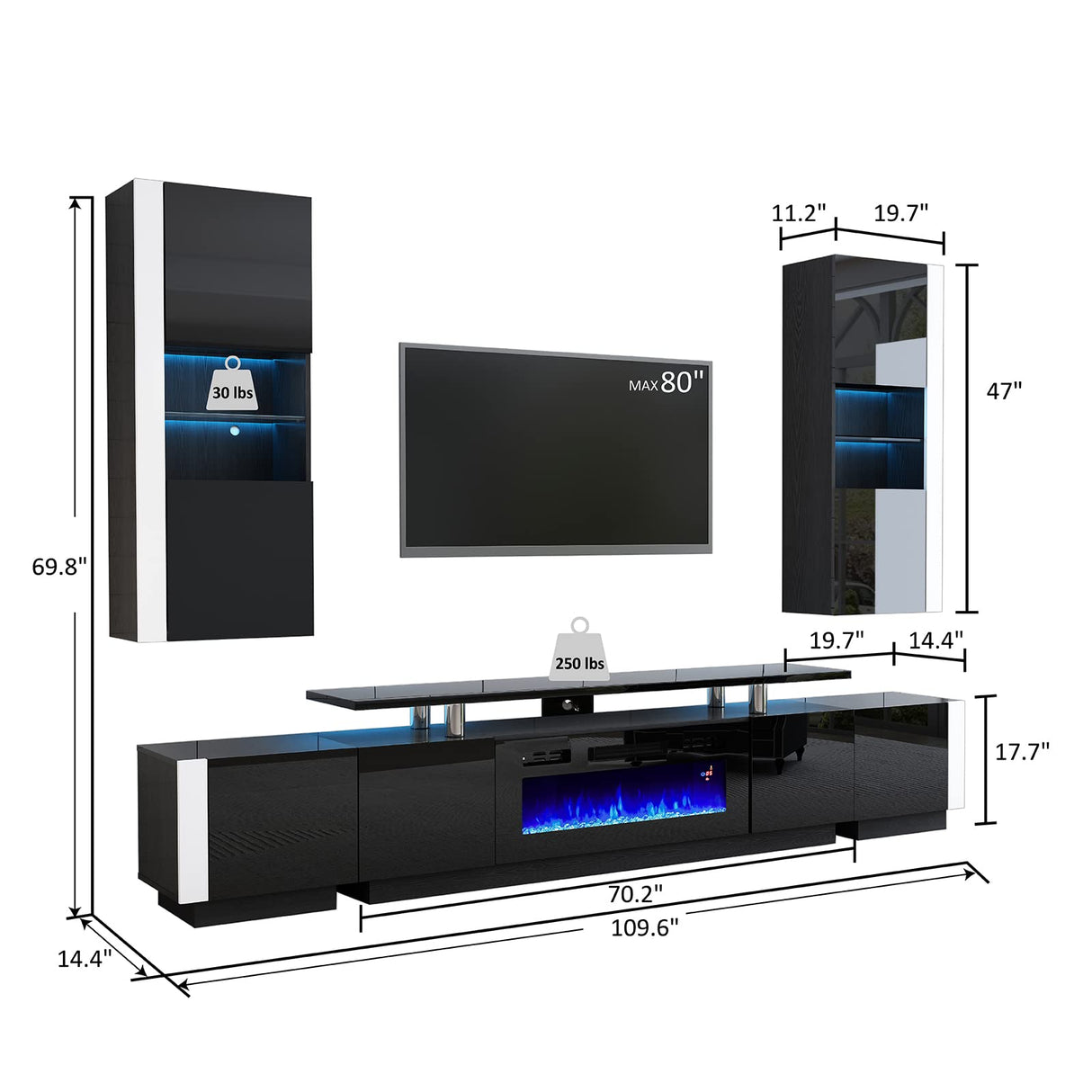 AMERLIFE Wall Unit Entertainment Center with Fireplace and Bookshelves, Includes 70" 2-Tier Fireplace TV Stand, 2 x Wall Cabinets & 2 x End Tables, Modern LED Lights TV Console for Living Room, Black AMERLIFE