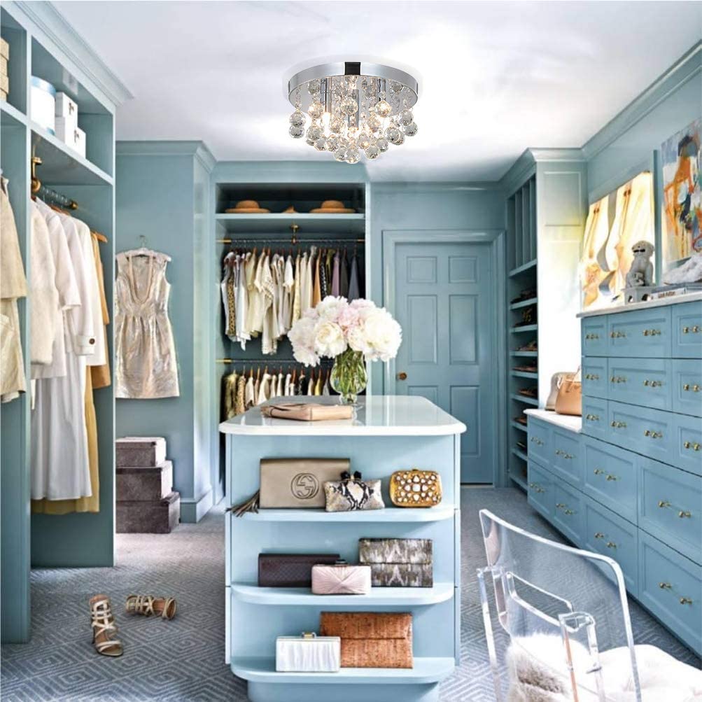 TISLYCO Modern Round Crystal Chandelier Ceiling Light,3 Light Crystal Flush Mount Small Chandelier, Silver Modern Ceiling Lamps Raindrop Chandelier Crystal Light Fixture for Bedroom, Hallway TISLYCO