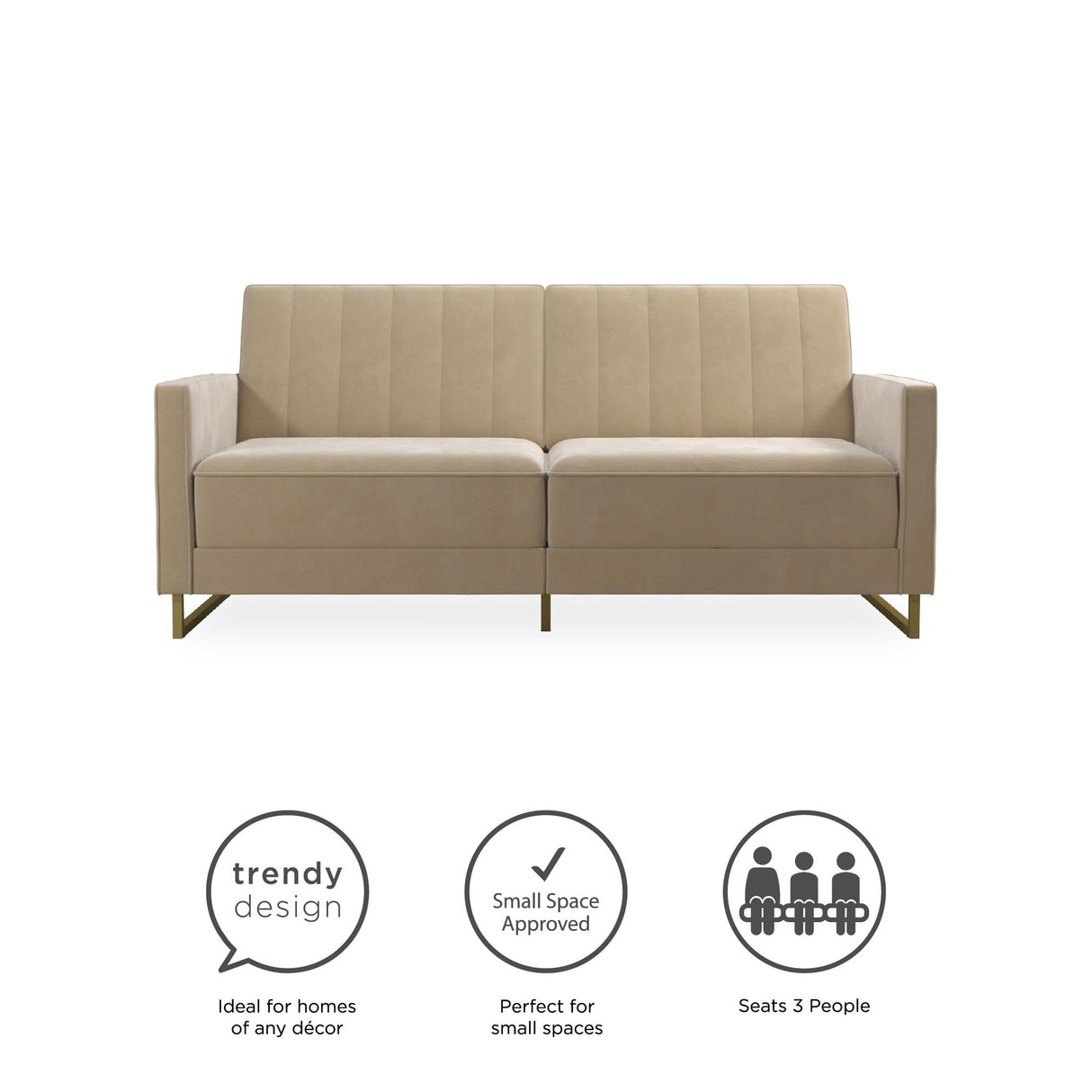 Novogratz Skylar 77 Inch Futon Sofa Bed in Velvet Fabric, Industrial Modern Upholstered Couch Sleeper with Black Metal Legs, Ivory Novogratz