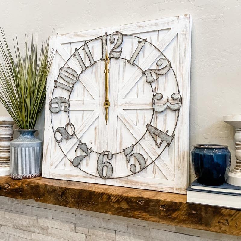 ALBEN Large Farmhouse Wall Clock - 24 inch Square Farmhouse Style Clock Bundled with Decorative Reversible Wooden Sign ALBEN
