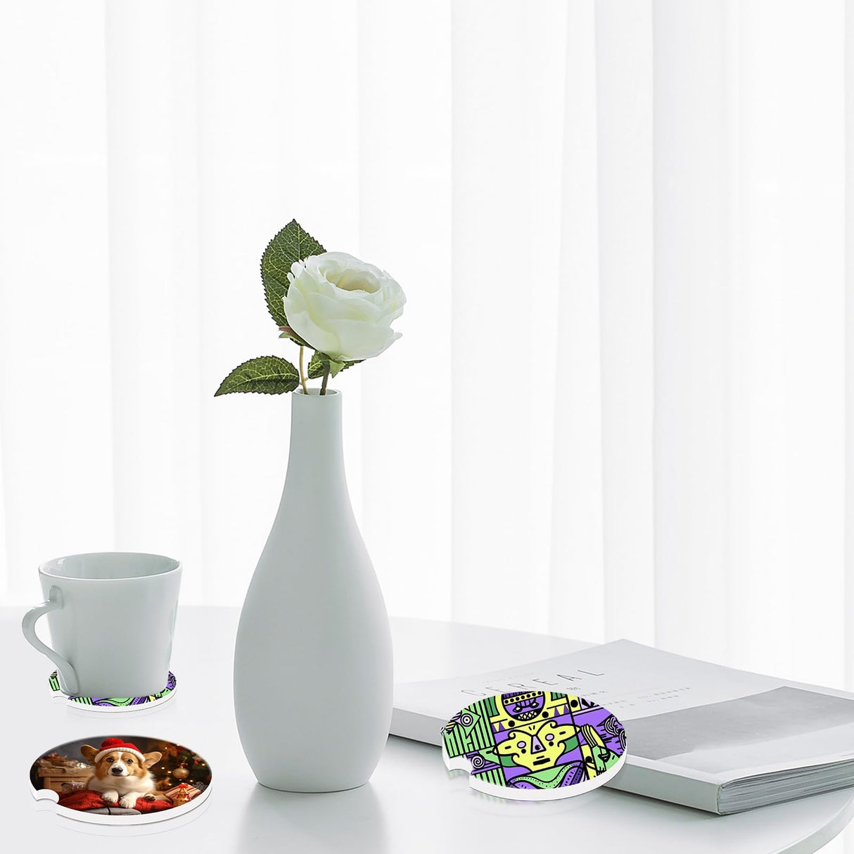 10 PCS Ceramic car Coasters Sublimation Blanks Bulk,for DIY Personalized Printed car Decoration, White Round with Finger notches for Easy disassembly, Christmas Crafts OKBA