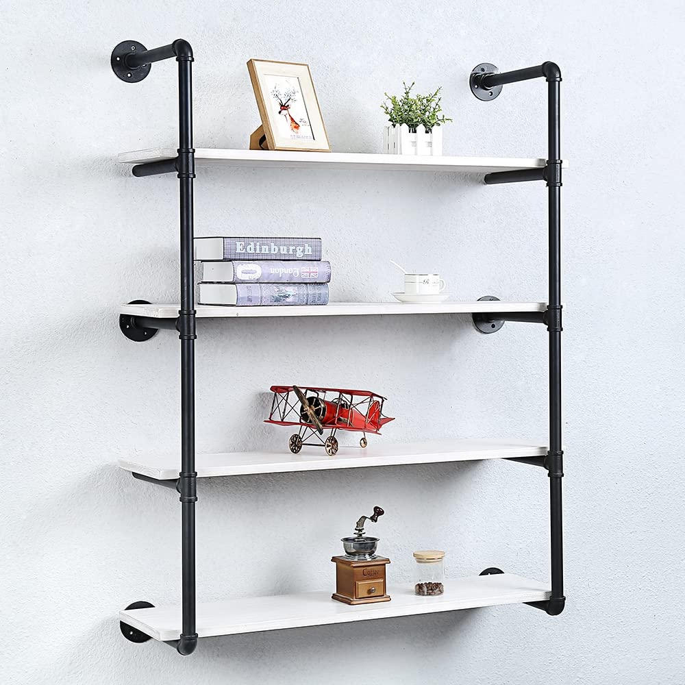 Industrial Pipe Shelving Wall Mounted,36in Rustic Metal Floating Shelves,Steampunk Real Wood Book Shelves,Wall Shelf Unit Bookshelf Hanging Wall Shelves,Farmhouse Kitchen Bar Shelving(4 Tier) OLDRAINBOW
