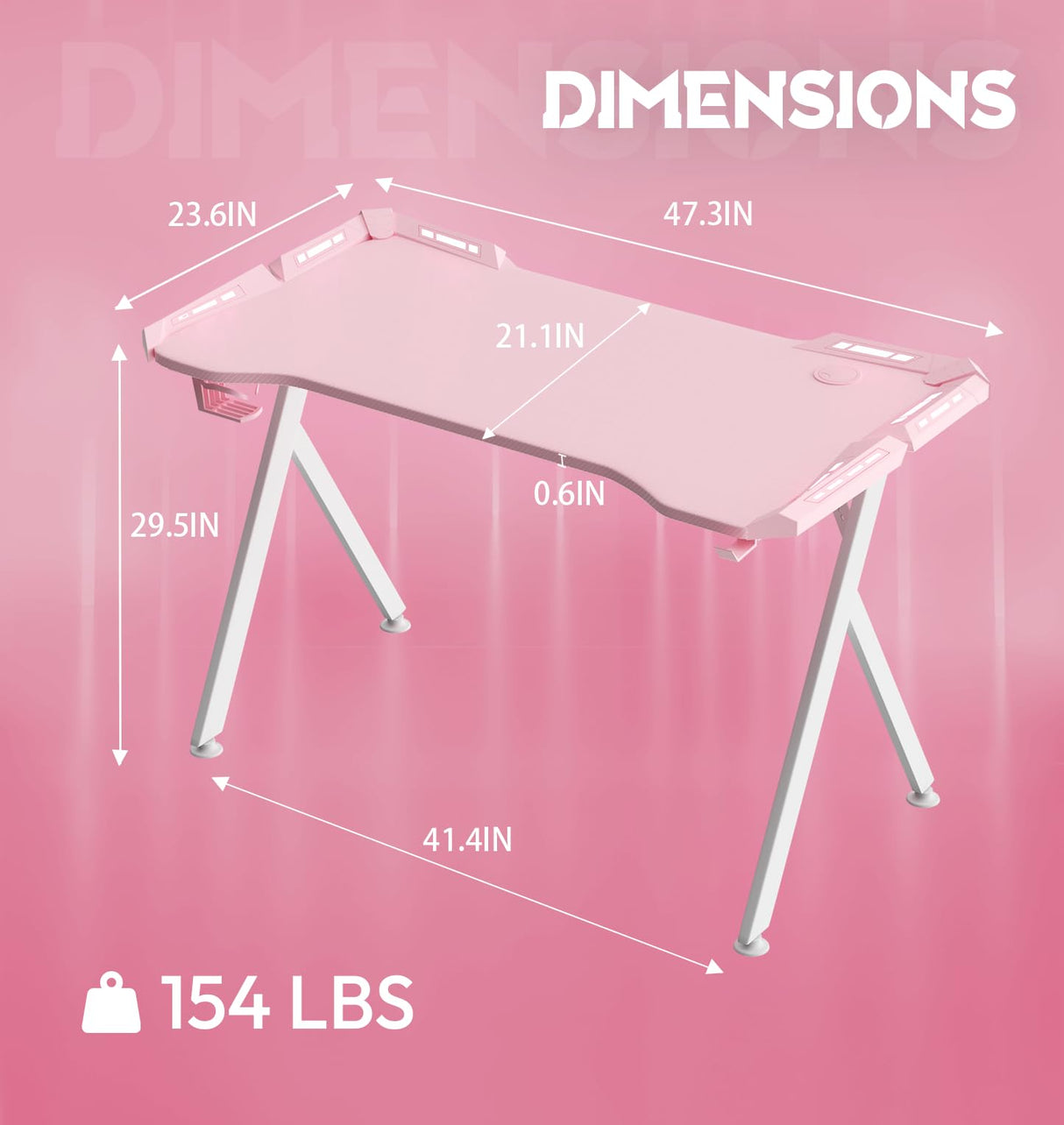 Dowinx Gaming Desk with LED Lights, RGB Gaming Computer Table with Carbon Fibre Surface, LED Home Office Desk with Remote Control, Pc Workstation with Cup Holder and Headphone Hook, 47 Inch, Pink Dowinx