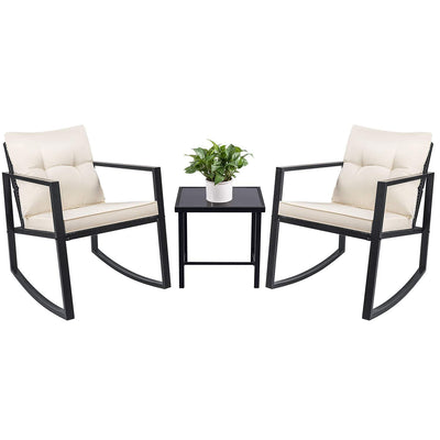 Devoko 3 Piece Rocking Bistro Set Wicker Patio Outdoor Furniture Porch Chairs Conversation Sets with Glass Coffee Table (Beige)