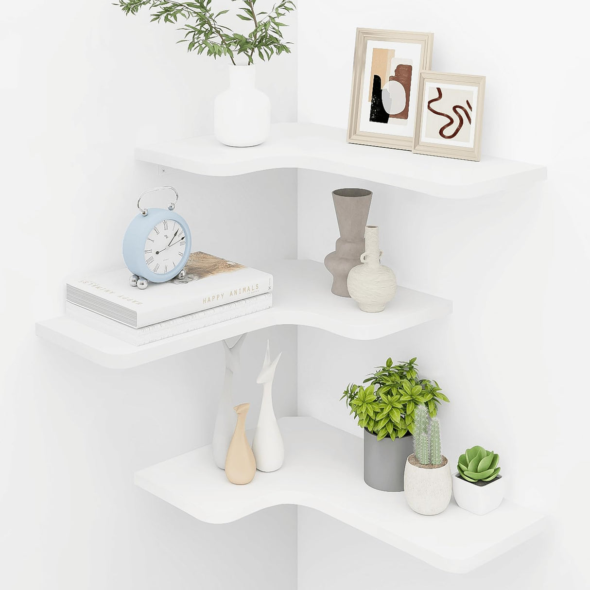 Homode Corner Floating Shelves, Set of 3 Corner Wall Shelves with Wire Hole, L-Shaped Wood Hanging Storage Shelf for Wall Decor, for Bathroom Kitchen Bedroom, White Homode