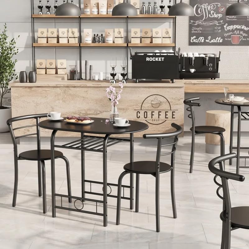 Shahoo 3-Piece Wooden Dining Table Set, Kitchen Breakfast Nook Sets with 2 Chairs & Round Tabletop, Space Saving Furniture Metal Frame and Built-in Wine Rack, Black Shahoo