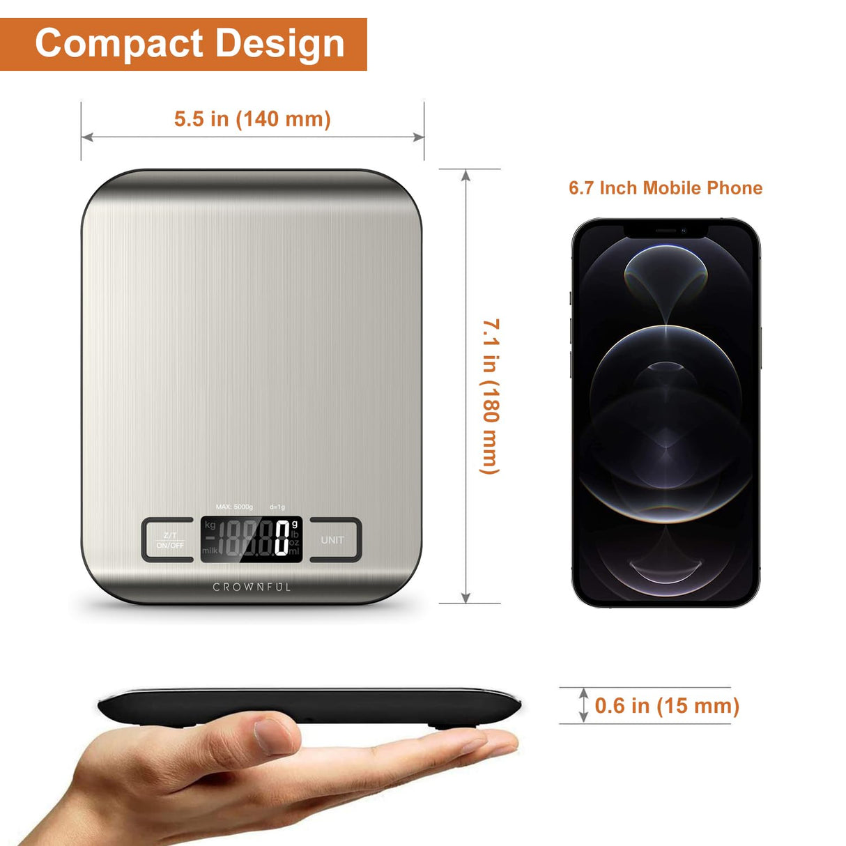CROWNFUL Food Scale, 11 lb Digital Kitchen Scales with Built-in Coin Battery, Weight Ounces and Grams for Cooking and Baking, 6 Units with Tare Function, LCD Display, 304 Stainless Steel CROWNFUL