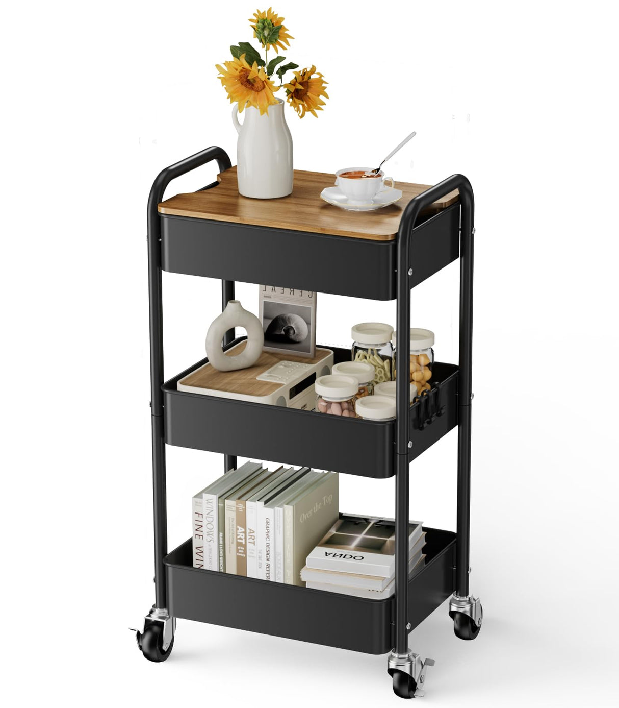johgee 3 Tier Rolling Cart with Table top, Metal Utility Cart, Sturdy Storage Organizer Cart with Locking Wheels & Hooks for Office, Classroom, Kitchen and Bathroom johgee