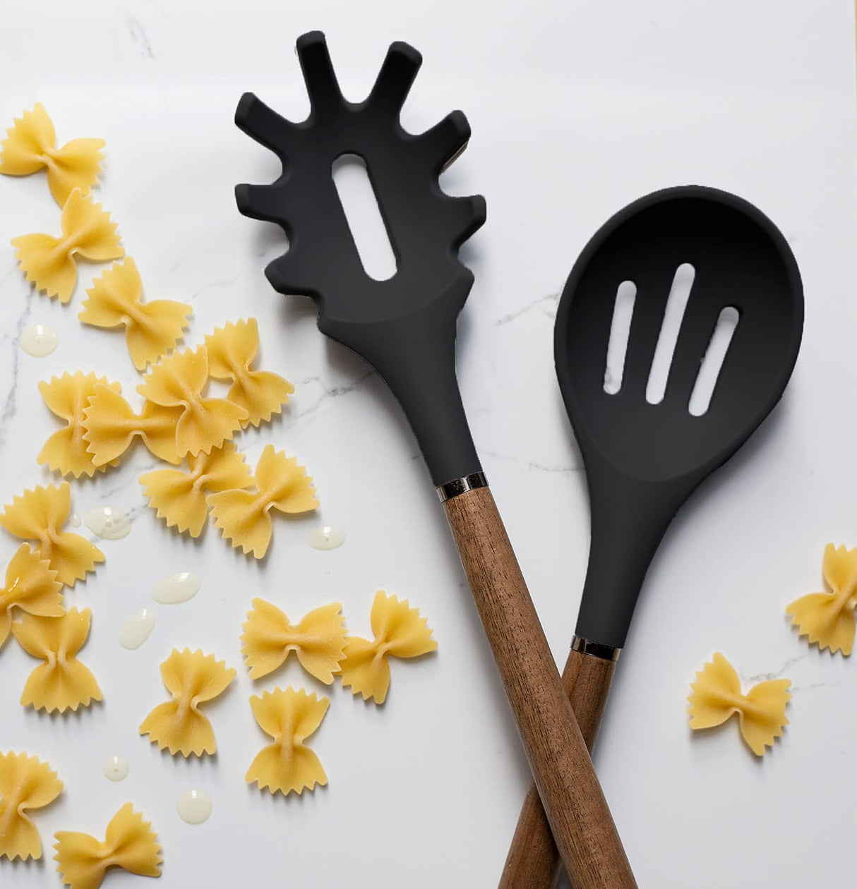 Country Kitchen Silicone Cooking Utensils, 8 Pc Kitchen Utensil Set, Easy to Clean Wooden Kitchen Utensils, Cooking Utensils for Nonstick Cookware, Kitchen Gadgets and Spatula Set - Black Country Kitchen