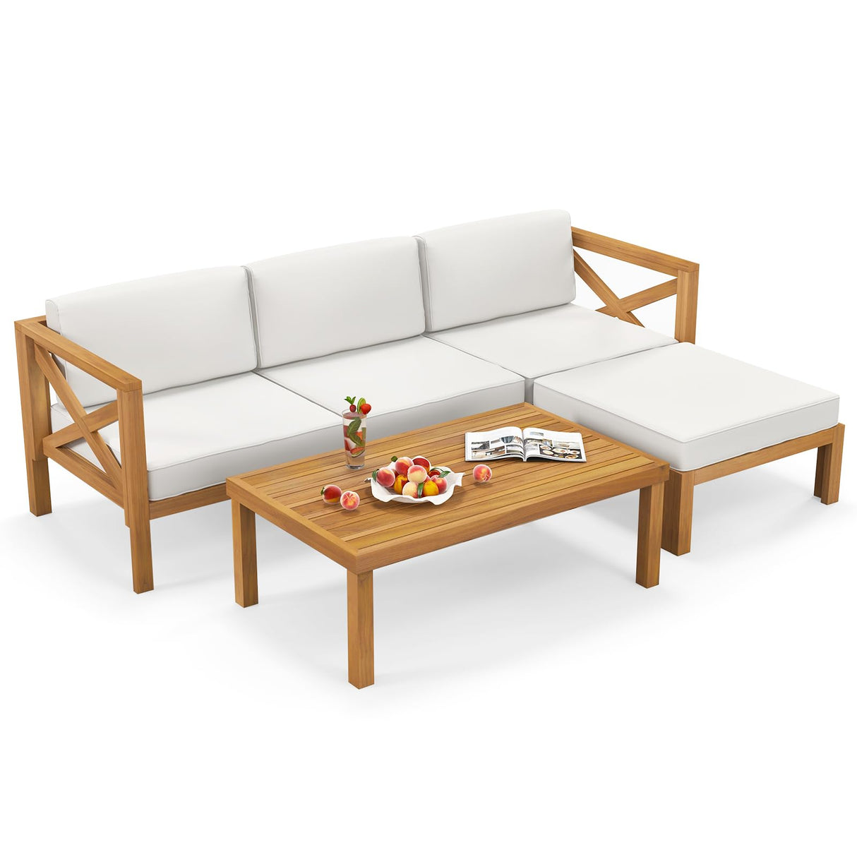 Tangkula 5 Piece Outdoor Conversation Furniture Set, Acacia Wood Sectional Sofa Set with 3 Chairs, 1 Ottoman & 1 Coffee Table, Patio Cushioned Sofa Set for Porch, Yard, Poolside (Off White) Tangkula