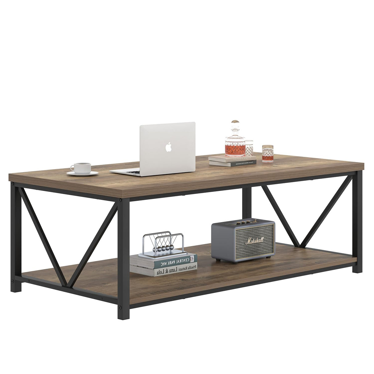 FOLUBAN Modern Coffee Table, Living Room Center Table with Storage, Wood and Metal Cocktail Table, Rustic Oak, 47 Inch FOLUBAN