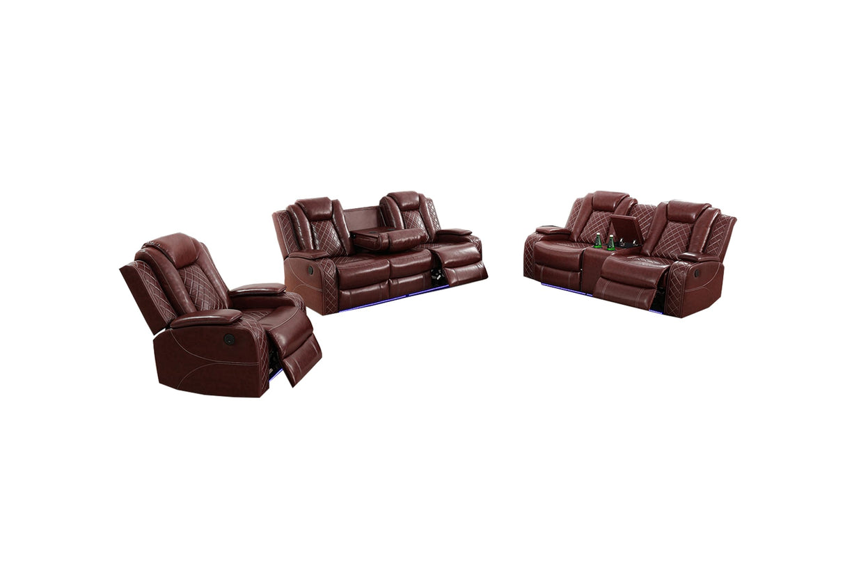 Toseslo Power Recliner Sofa Set, Brown Leather 3 Pieces Sectional Couch, Living Room Furniture Sets with LED Light, Modern Power Reclining Sets with Storage Console/Cup Holder for Living Room Toseslo