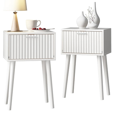 LAATOOREE Nightstands Set of 2, Small Side Table, Bedside Table with Fluted Door, Solid Wood Feet; Modern Mid-Century End Table for Bedroom, Small Space (White)