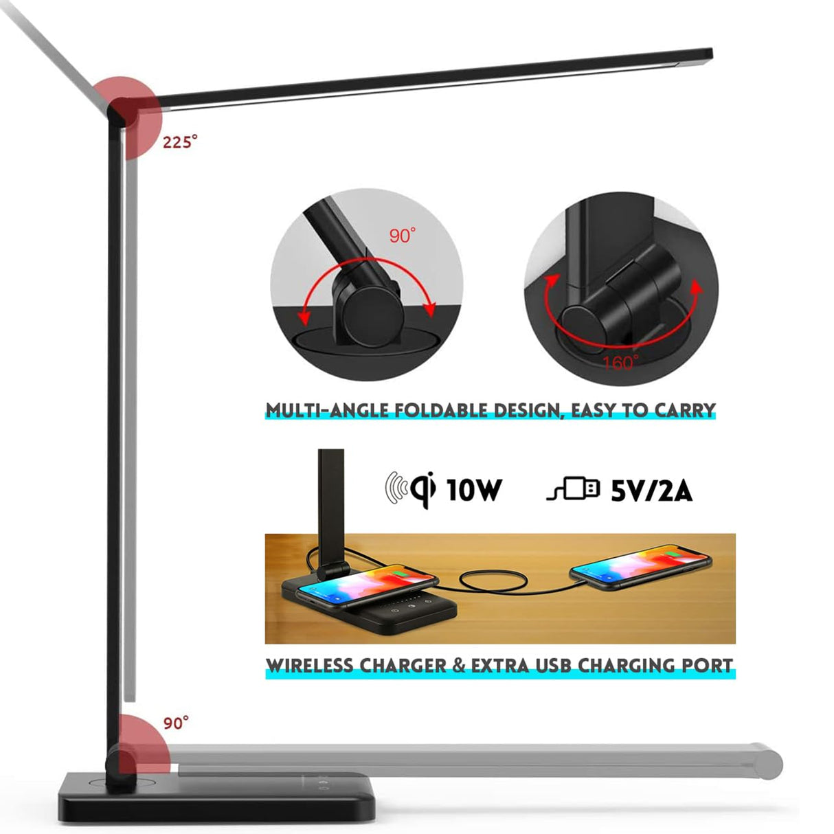JOSTIC LED Desk Lamp with Wireless Charger, USB Charging Port, 10 Brightness, 5 Color Modes, Desk Lamps for Home Office, Dimmable Table Lamp Eye Caring Reading Light, Touch Control, Auto Timer, Black JOSTIC
