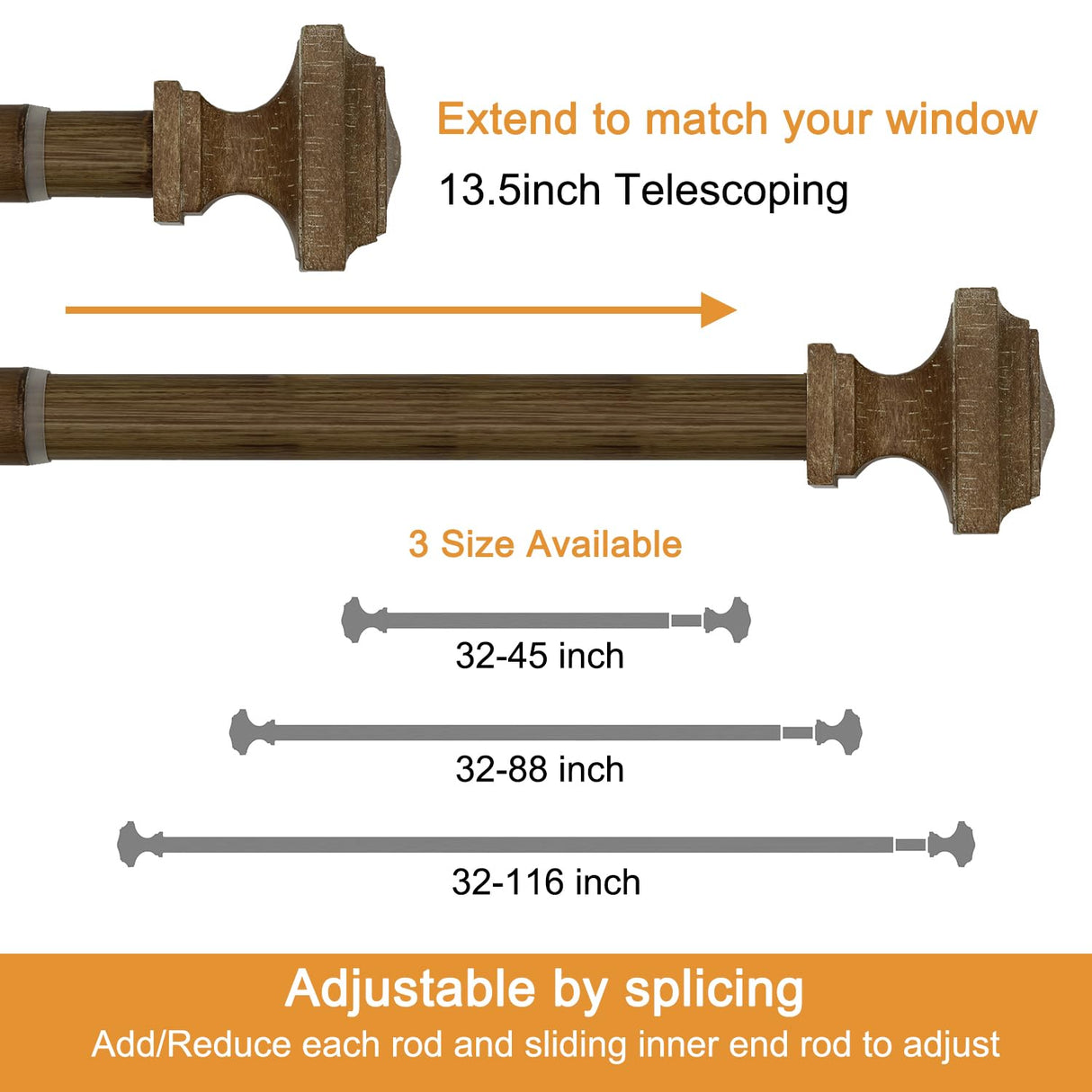 Wood Curtain Rods for Windows 32 to 88 Inch, 1 Inch Diameter Wood Decorative Treatment Single Window Curtain Rods - Square Imitation Wood Grain Finial 1 Pack QITERI