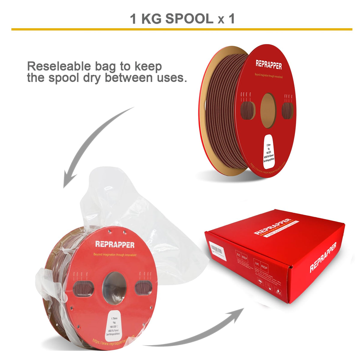 Reprapper Wood PLA, Wood Dual Color PLA Filament 1.75mm, 3D Printer Filament with Real Wood Fiber, Dark Mahogany/Walnut, 1000g RepRapper