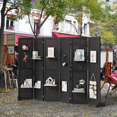 Bonnlo 4/6 Panel Pegboard Freestanding, 5 FT Portable Display Board Organizer for Craft Show Jewelry, Wooden Folding Privacy Screen Room Divider (Black, 6 Panel with Base) Bonnlo