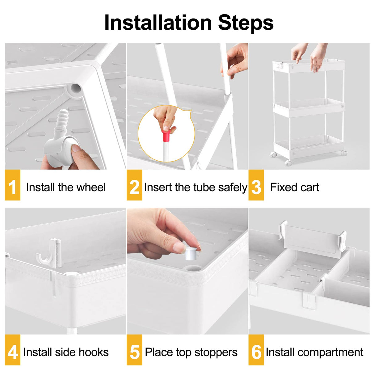 SPACELEAD 3-Tier Utility Storage Cart, Mobile Utility Cart with Lockable Caster Wheels, Rolling Carts Organizer for Bathroom Laundry Kitchen,Used as Book Art Snack lash Makeup Diaper cart, White SPACELEAD
