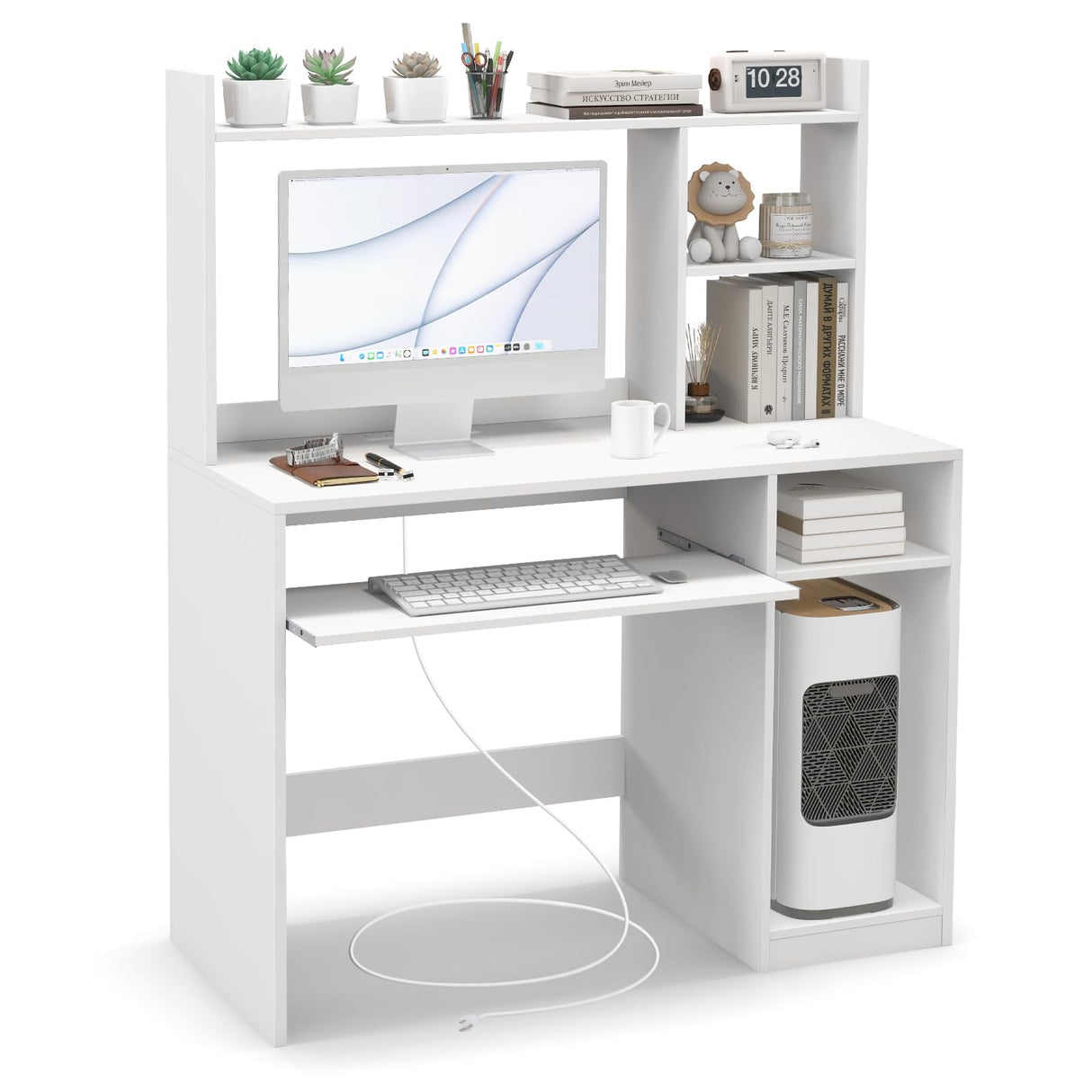 IFANNY White Modern Computer Desk with Hutch, Built-in Charging Station & Ample Storage IFANNY