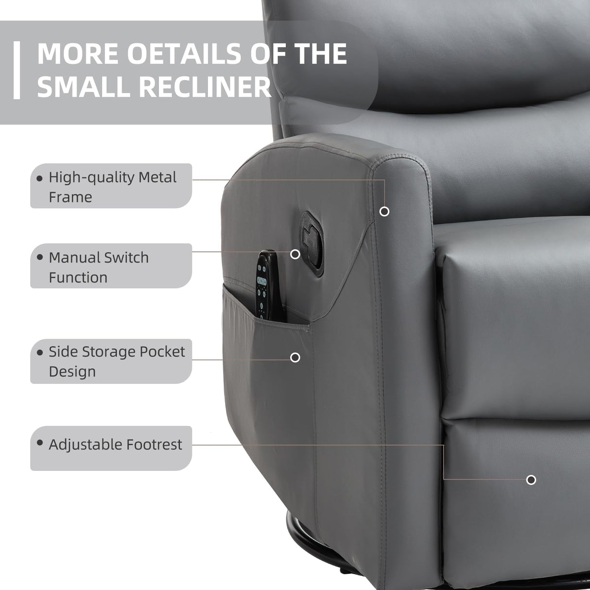 PELUMY Manual Recliner Chair with Heat & Vibration Massage, 360° Swivel Rocker Recliner with 155° Recline and Lumbar Heat, Compact Recliner for Living Room & Small Spaces (Breathable Leather, Grey) PELUMY